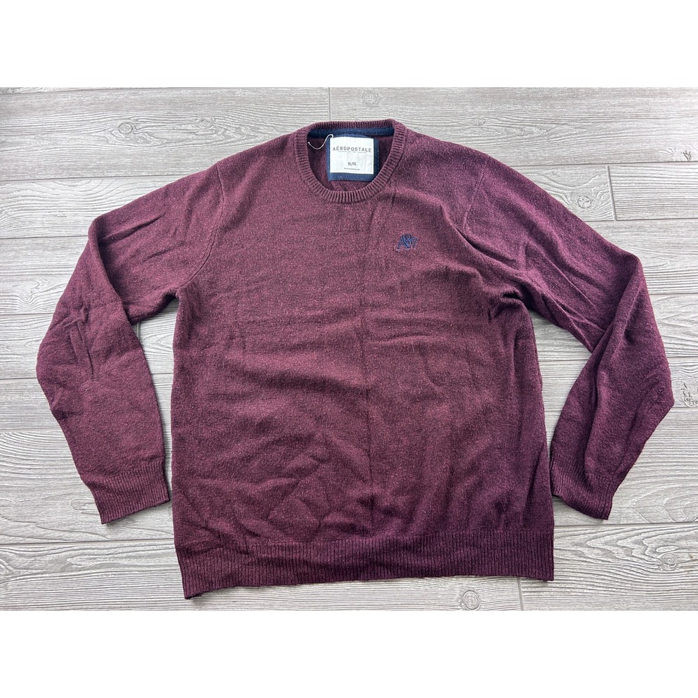 Aeropostale Mens XL Burgundy Wool Blend Crewneck Pullover Sweater Logo Heathered